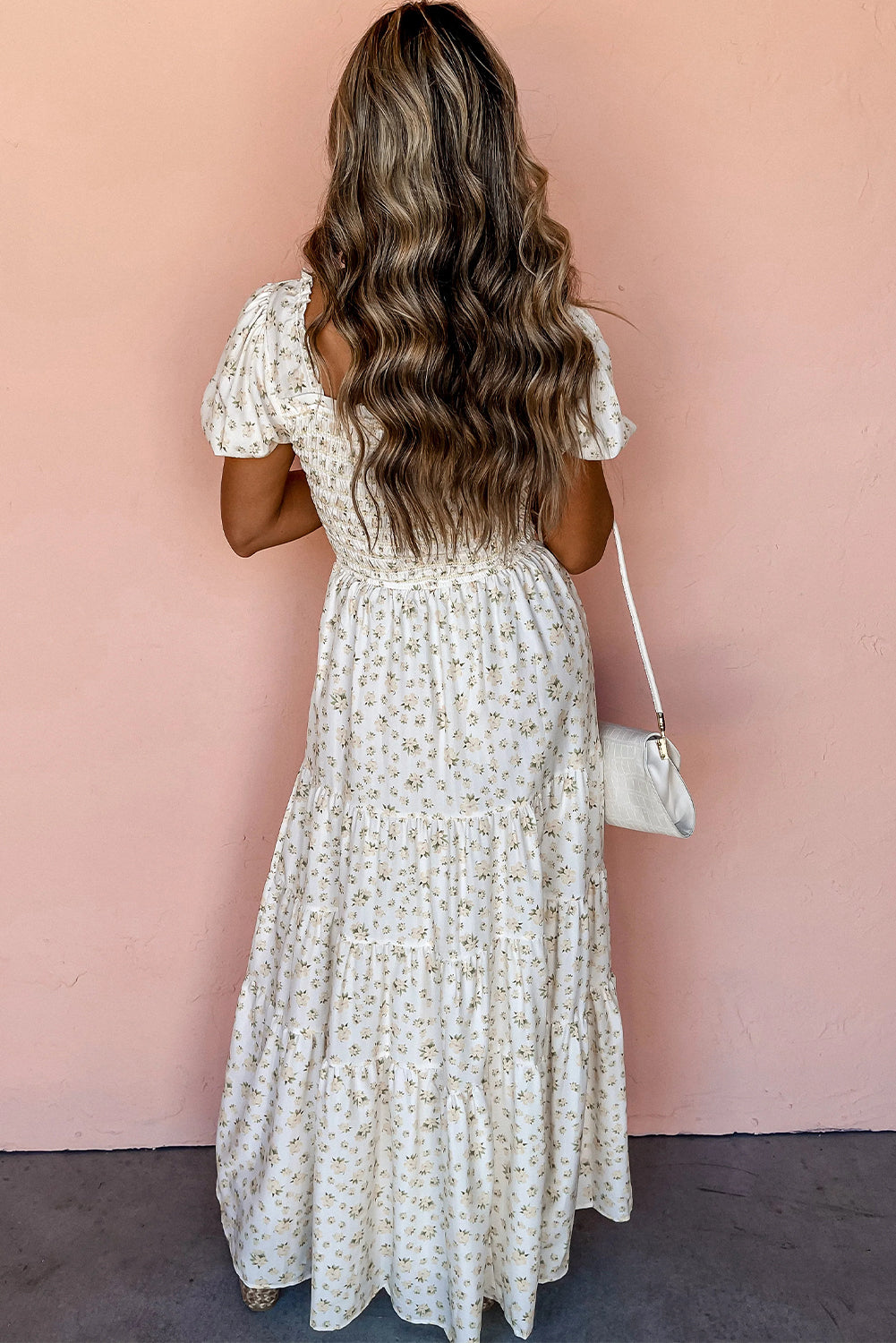 White Frilly Shirred Bodice Tiered Floral Maxi Dress eAura