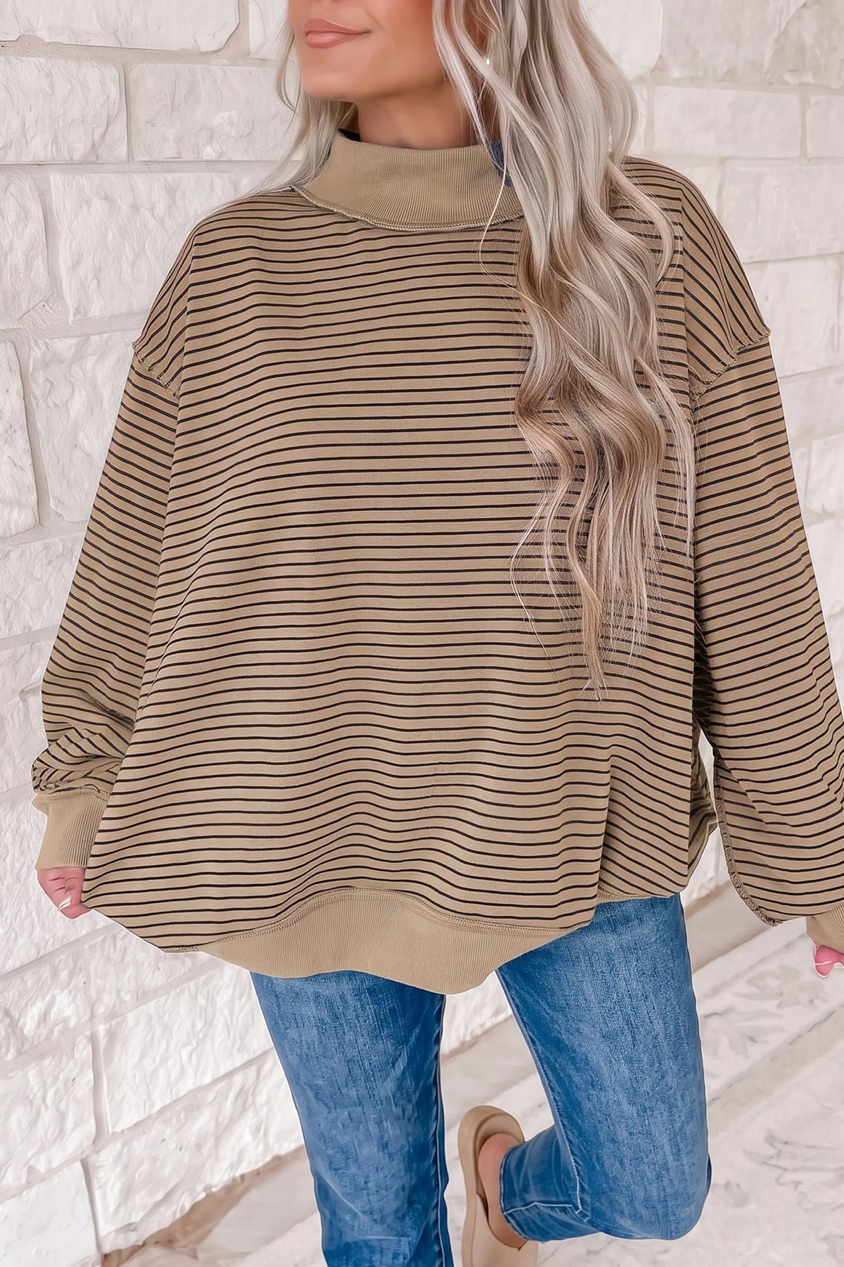 Oversized Sweatshirt with Mock Neck, Stripe Ribbed Colour Block