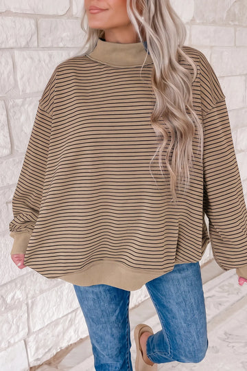 Oversized Sweatshirt with Mock Neck, Stripe Ribbed Colour Block