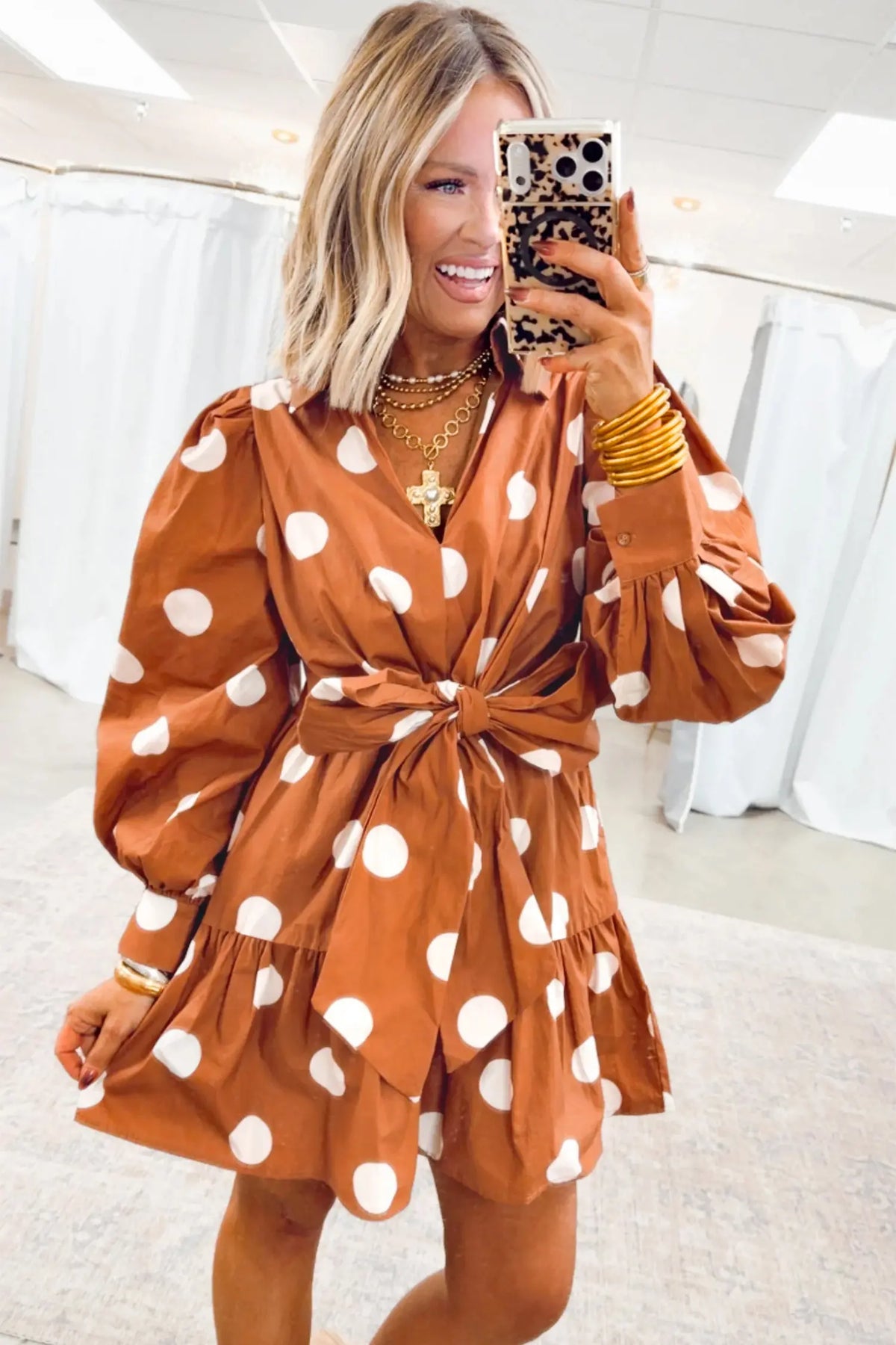Polka Dot Long Sleeve Tie Waist Casual Shift Mini Dress – Brown
