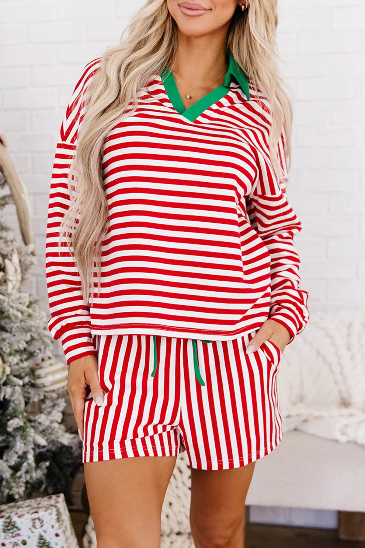 Colourblock Trim Polo Collar Drawstring Elastic Waist Band Casual 2pcs Outfit – Red Stripe