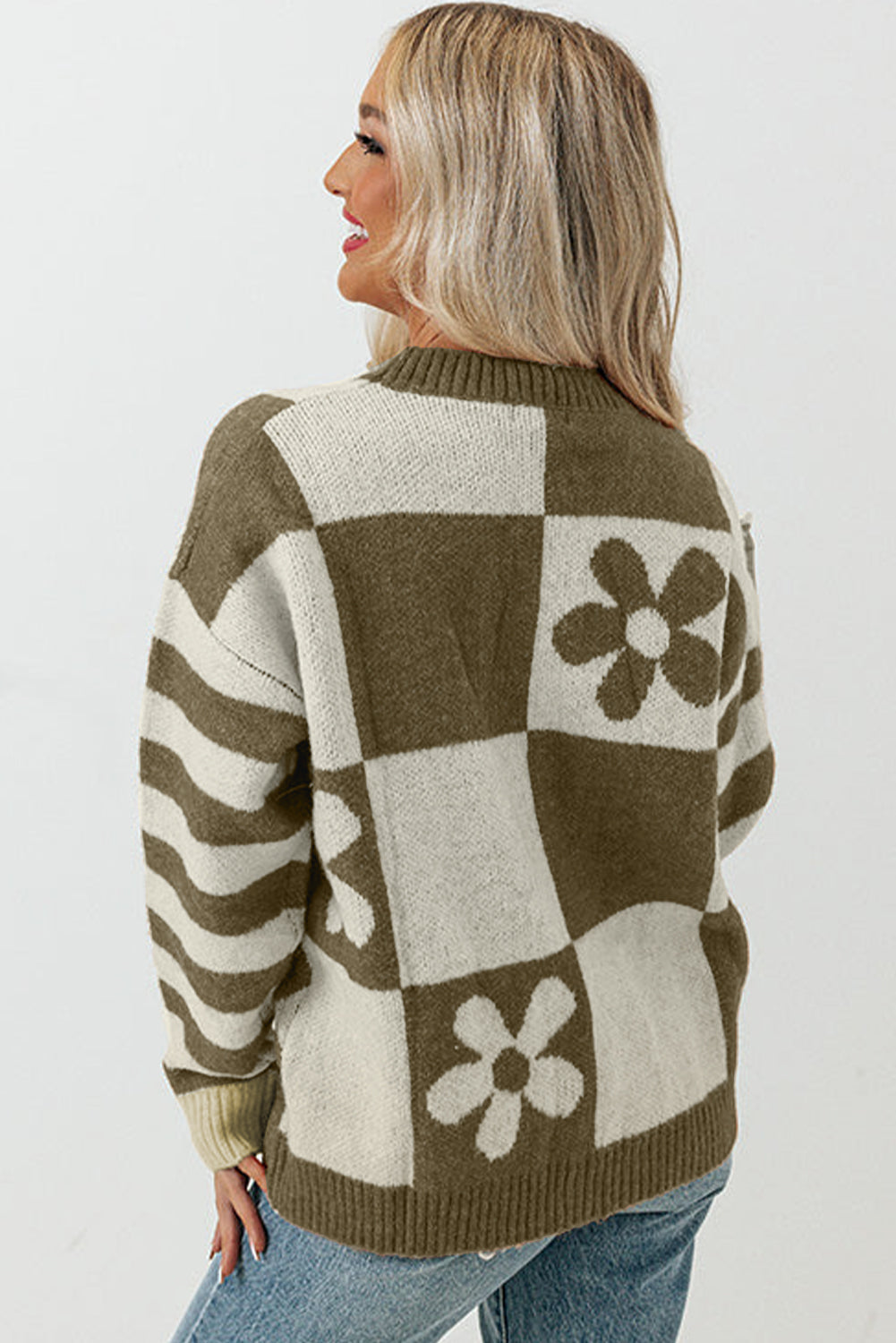 Brown Checkered Floral Print Striped Sleeve Sweater eAura