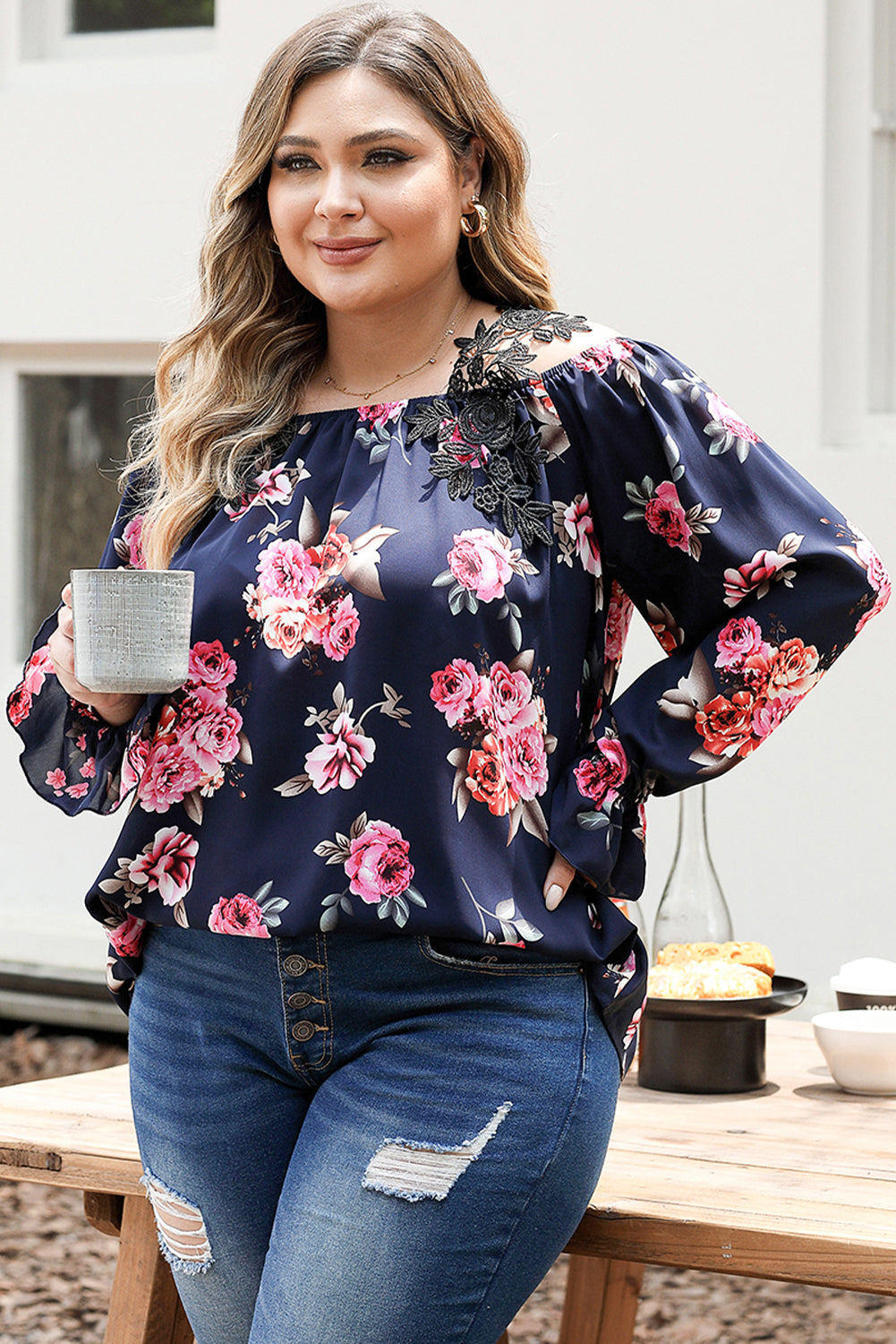 Navy Blue Plus Size Crochet Detail Cold shoulder Floral Blouse BB Fashion Outlet