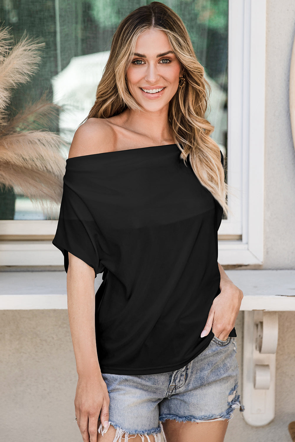Black Cowl Neck Bat Sleeve T Shirt BB Fashion Outlet