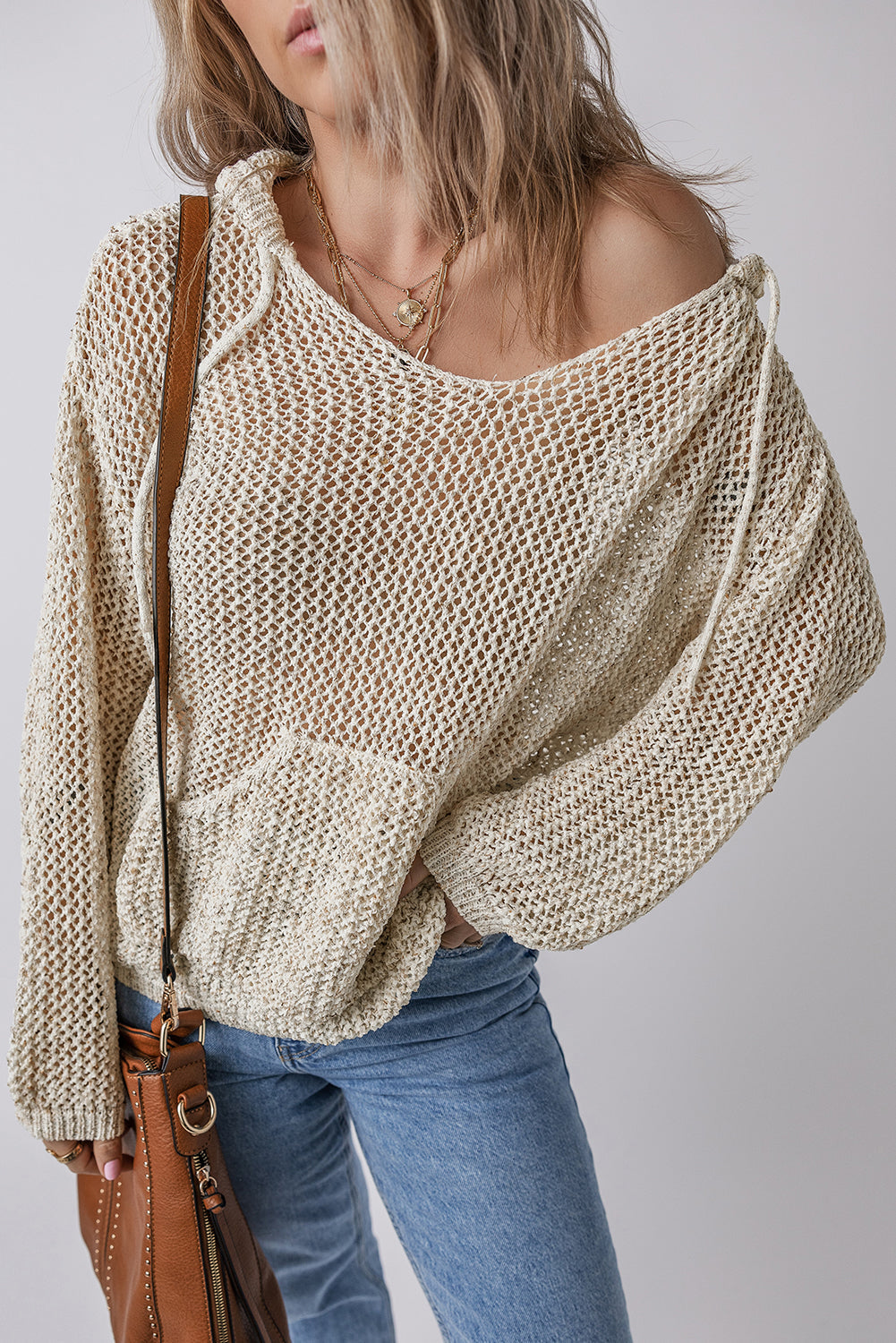 Jet Stream Hollow-out Kangaroo Pocket V Neck Hooded Sweater eAura