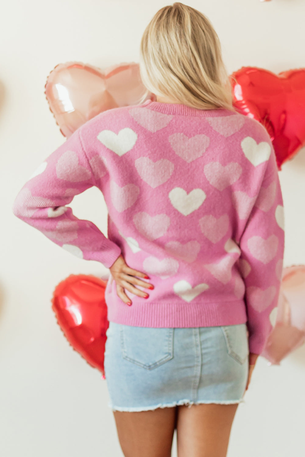 Pink Pearled Heart Print Valentines Crew Neck Sweater eAura