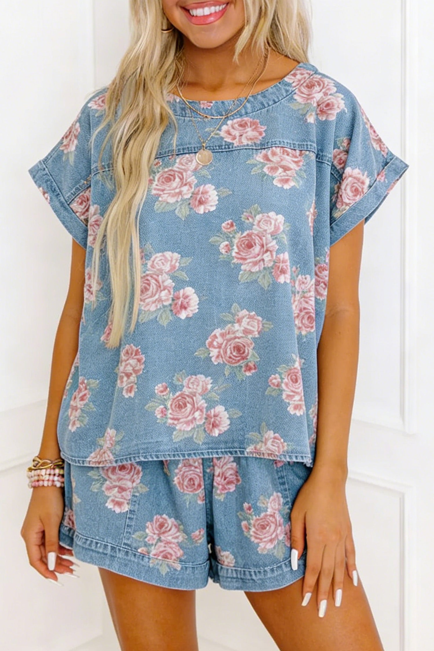 Sky Blue Floral Denim Short Sleeve Top Loose Shorts 2pcs Set – Light Blue