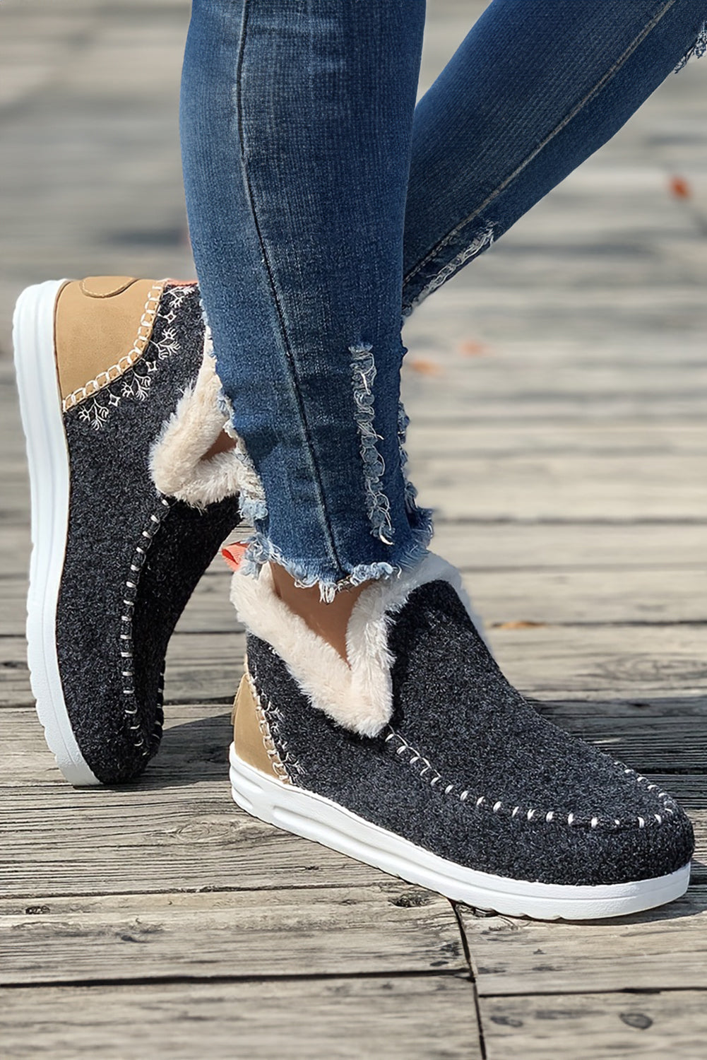 Beige Suede Stitching Patchwork Plush Lined Anklet Boots - eAura