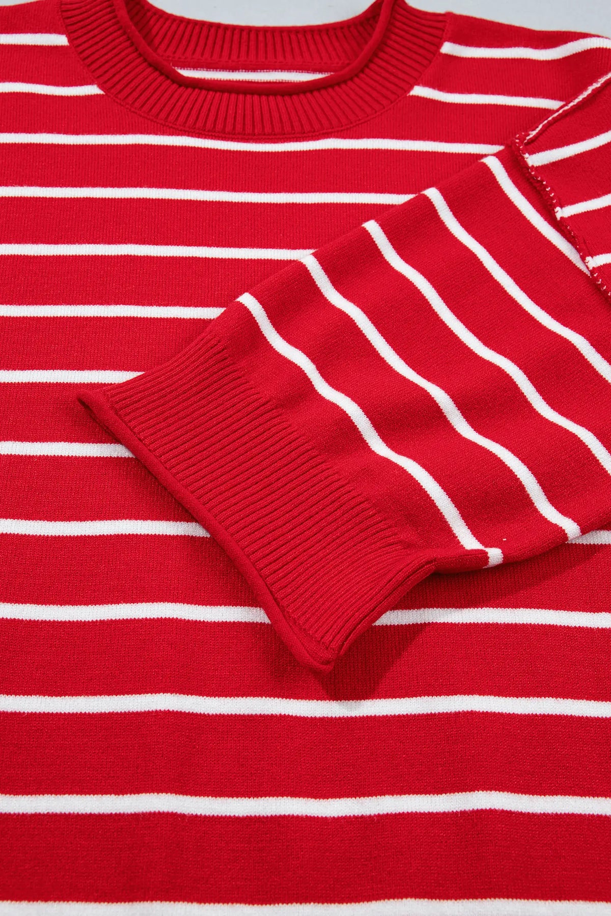 Dropped Shoulder Half Sleeve Relaxed Knit Sweater – Red Stripe