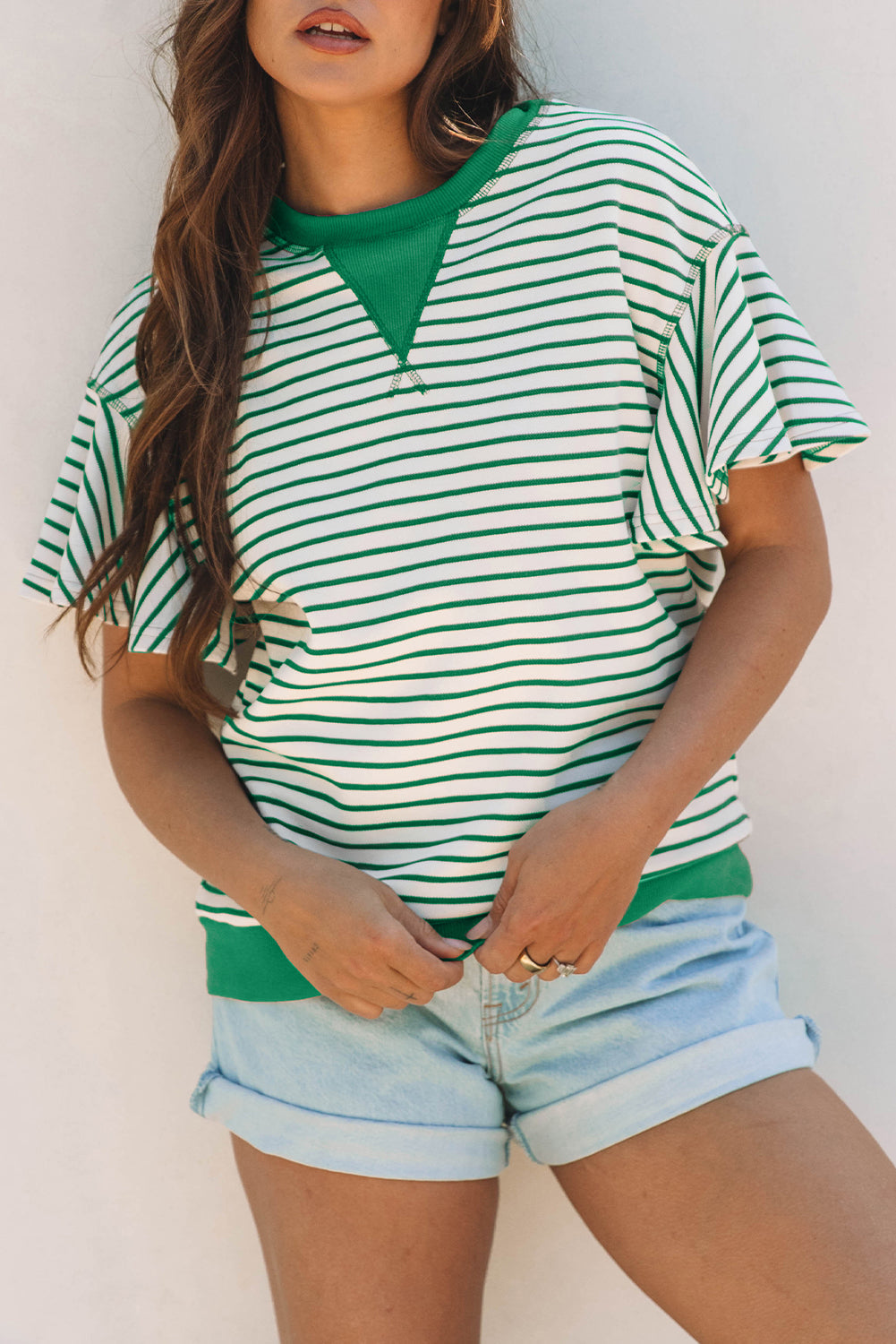 Contrast Detail Striped Ruffle Short Sleeve Top eAura