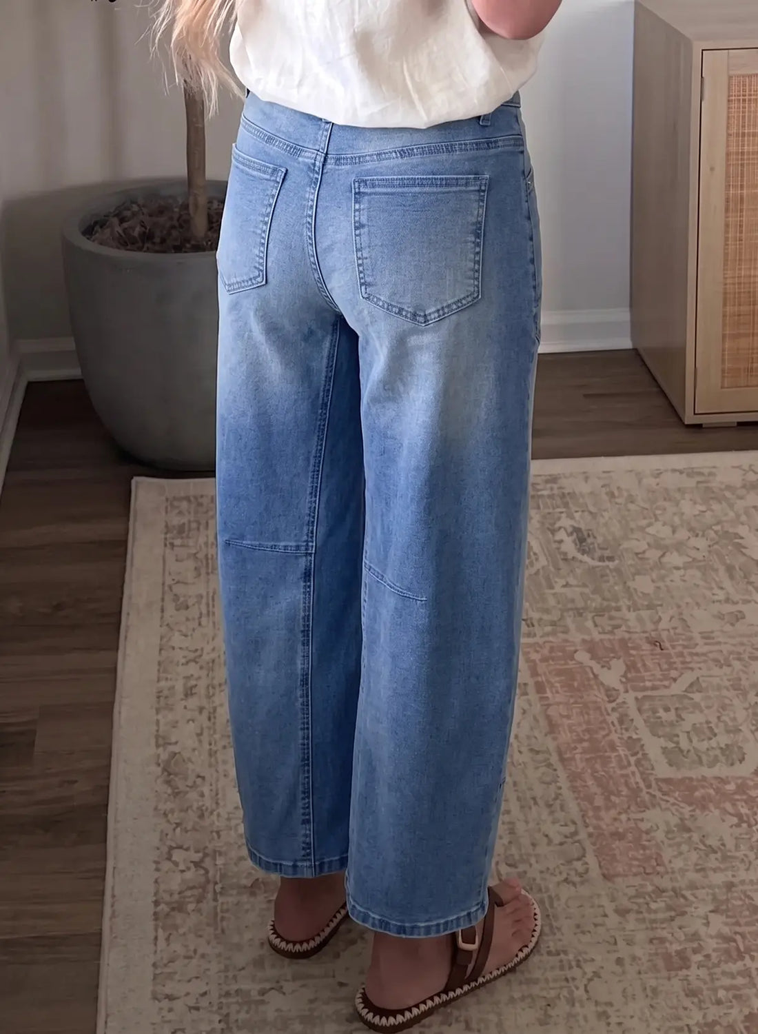 Beau Solid Patchwork Grommet Tie Waist Loose Ankle-Length Jeans