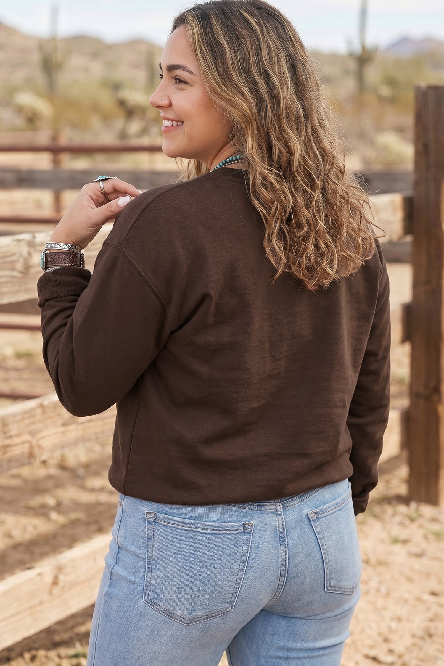 Coffee PRAY Letter Patchwork Round Neck Long Sleeve Plus Size Sweatshirt – Brown