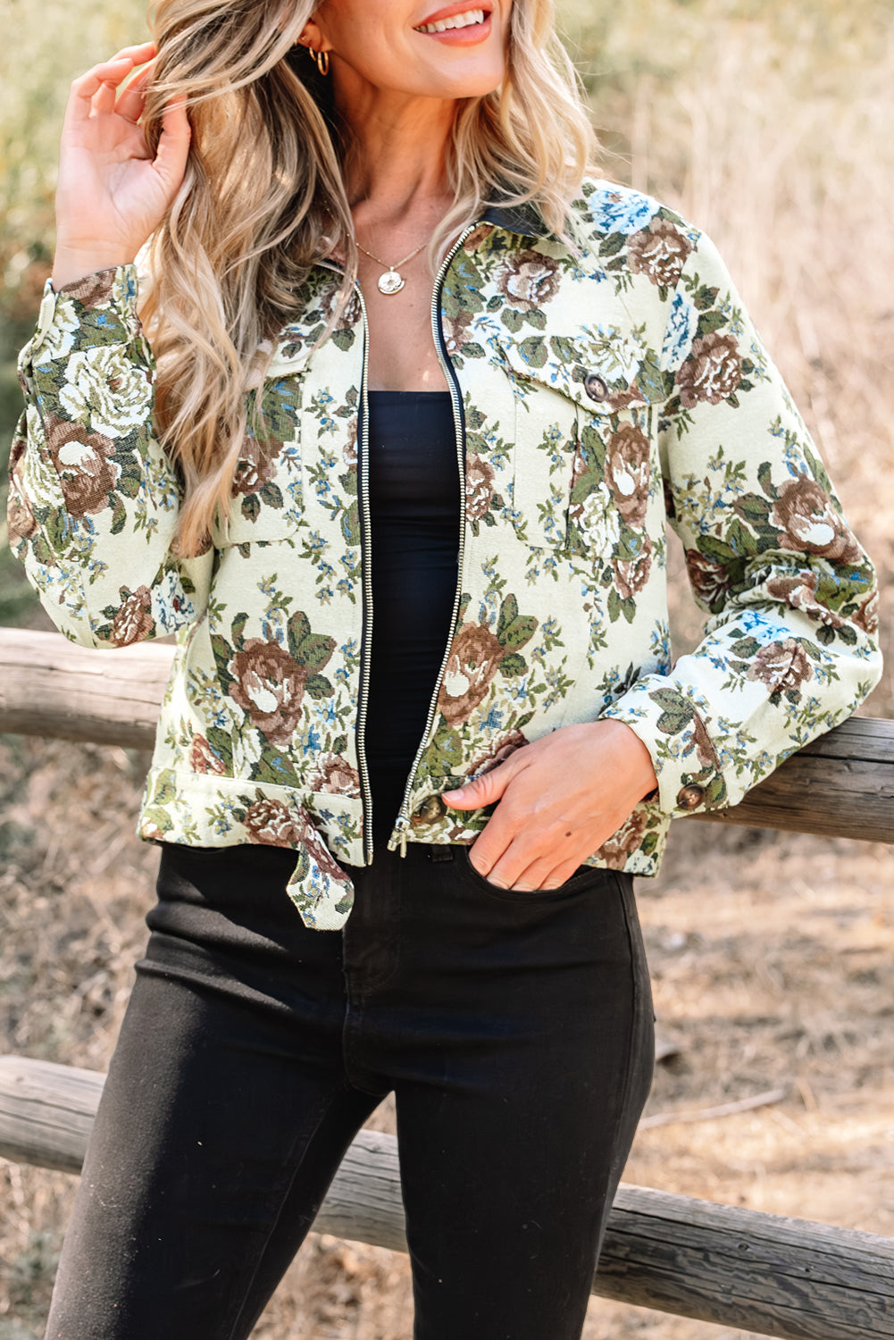 Khaki Floral Print Zip Up Contrast Collared Jacket - eAura