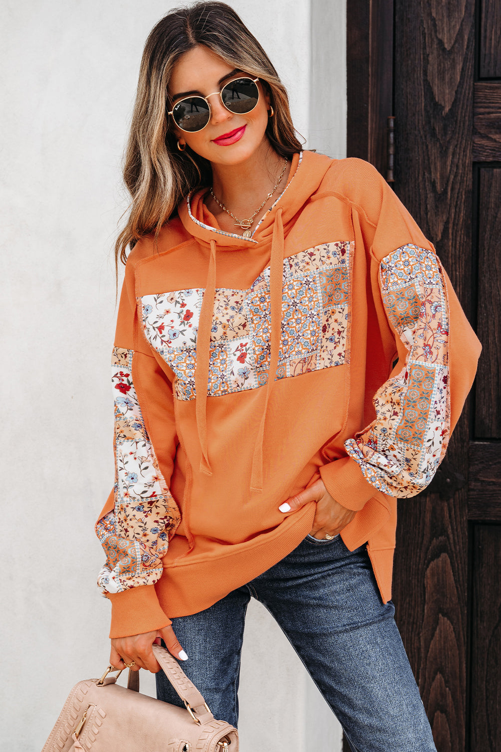 Mix Floral Patchwork Side Slit Drawstring Hoodie eAura
