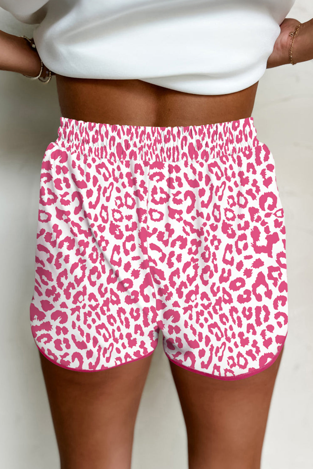 Pink Leopard Elastic Waist Lace up Contrast Trim Casual Shorts Dear-Lover Dropshipping