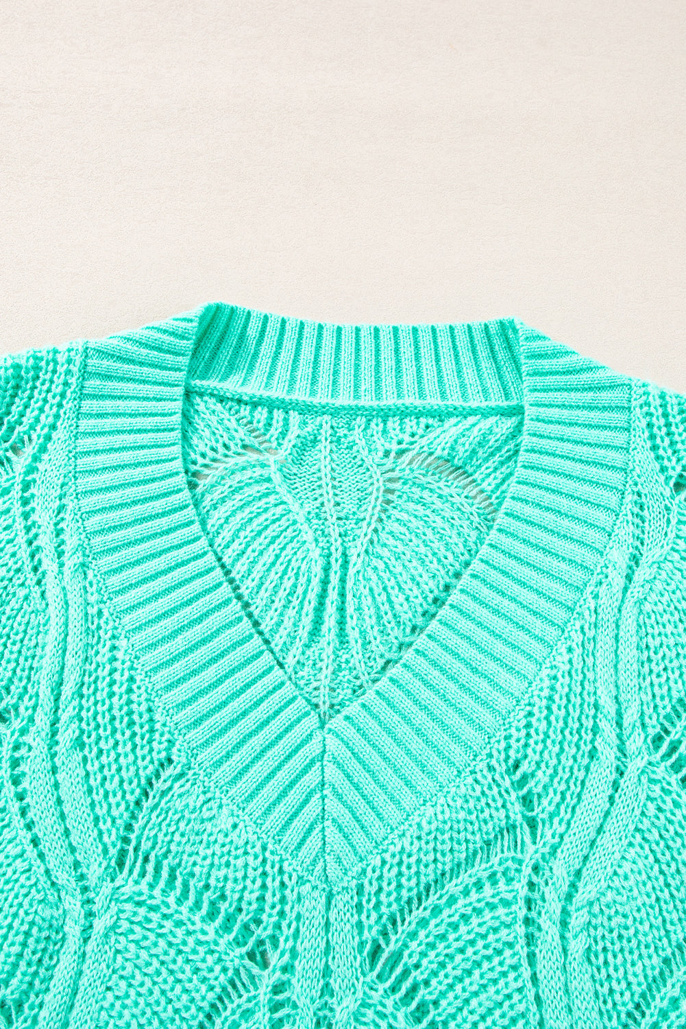 Mint Green Hollow Out Knit V Neck Drop Shoulder Sweater eAura