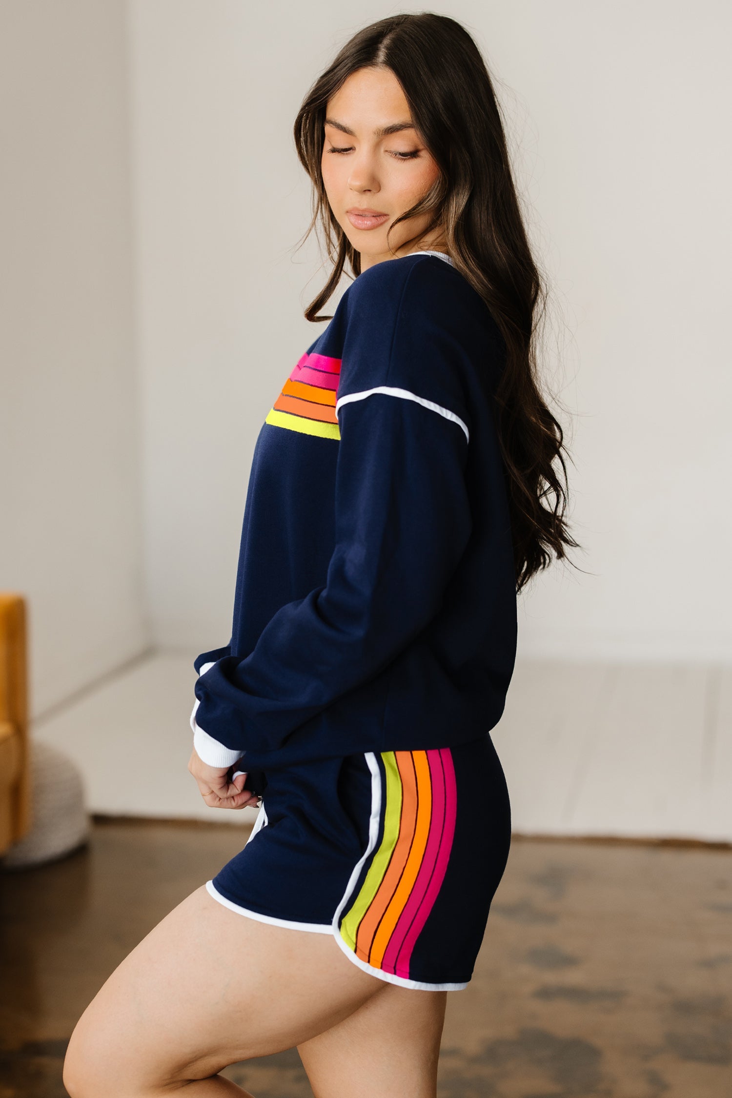 Colourful Striped Accent Varsity Long Sleeve Pullover and Shorts Co-ord Set - Two Piece Sets/Short Sets