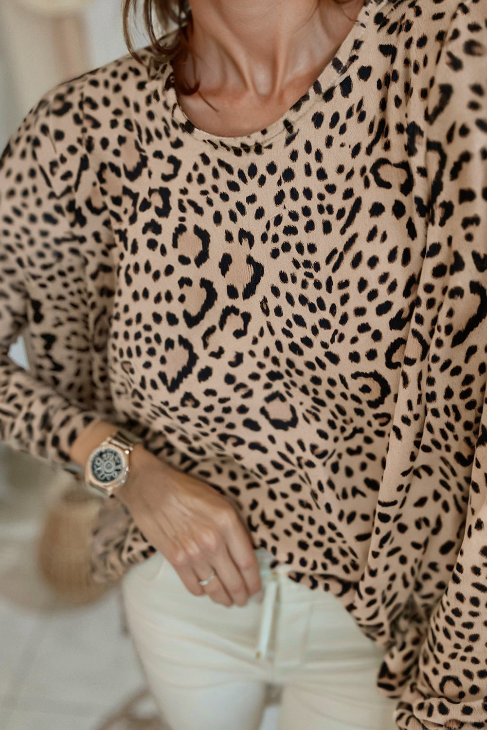 Khaki Leopard Print Long Batwing Sleeve Loose Top eAura