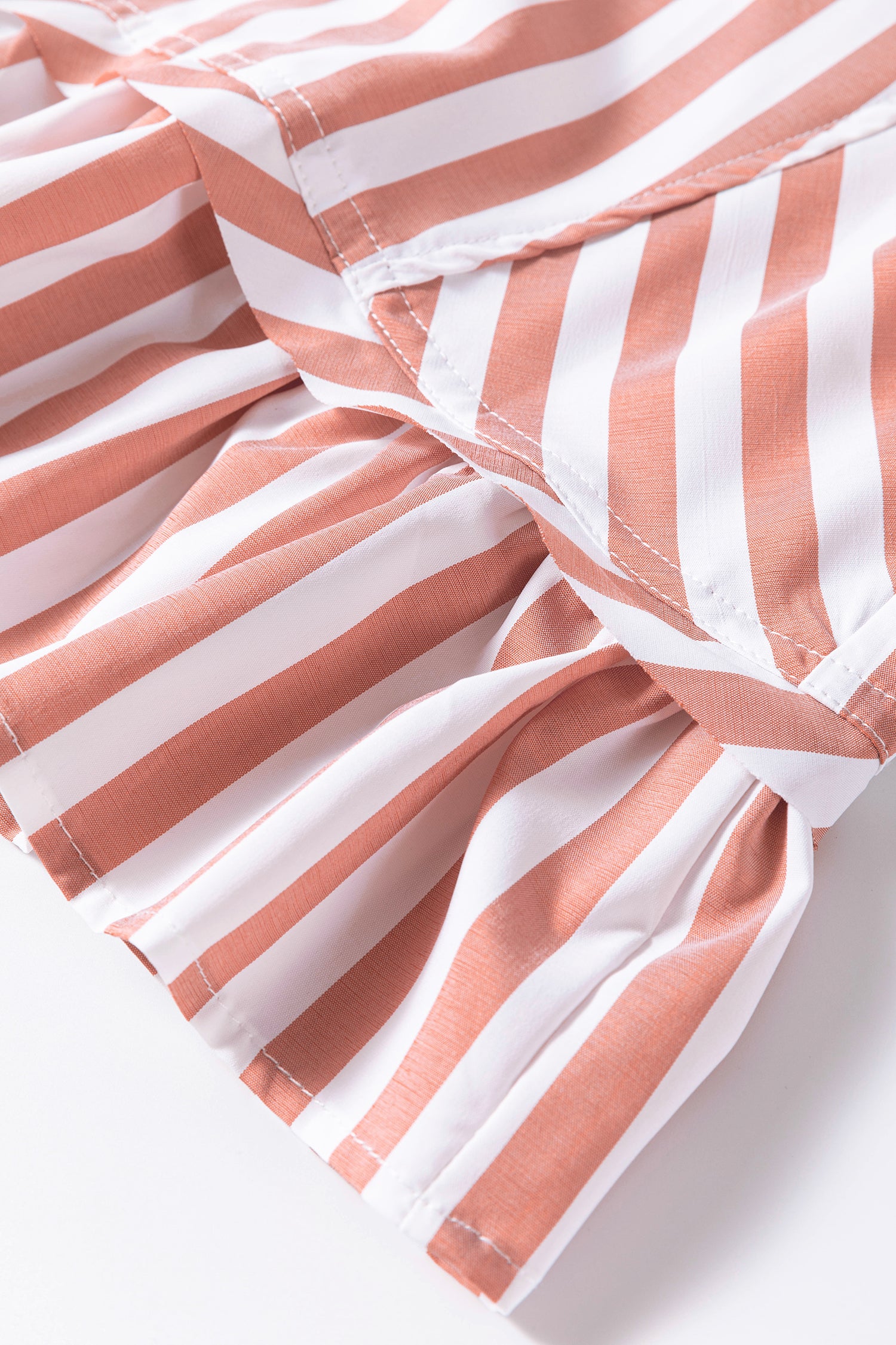 Button Front Ruffle Hem Bracelet Sleeve Shirt – Khaki Stripe