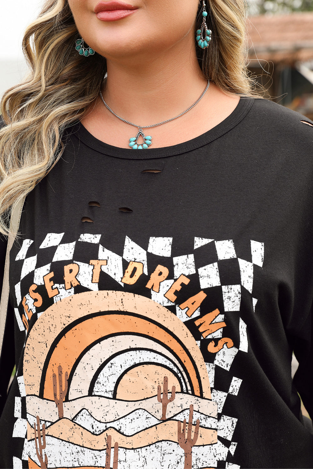 Black Checkerd DESERT DREAMS Printed Ripped Plus Size Tee BB Fashion Outlet