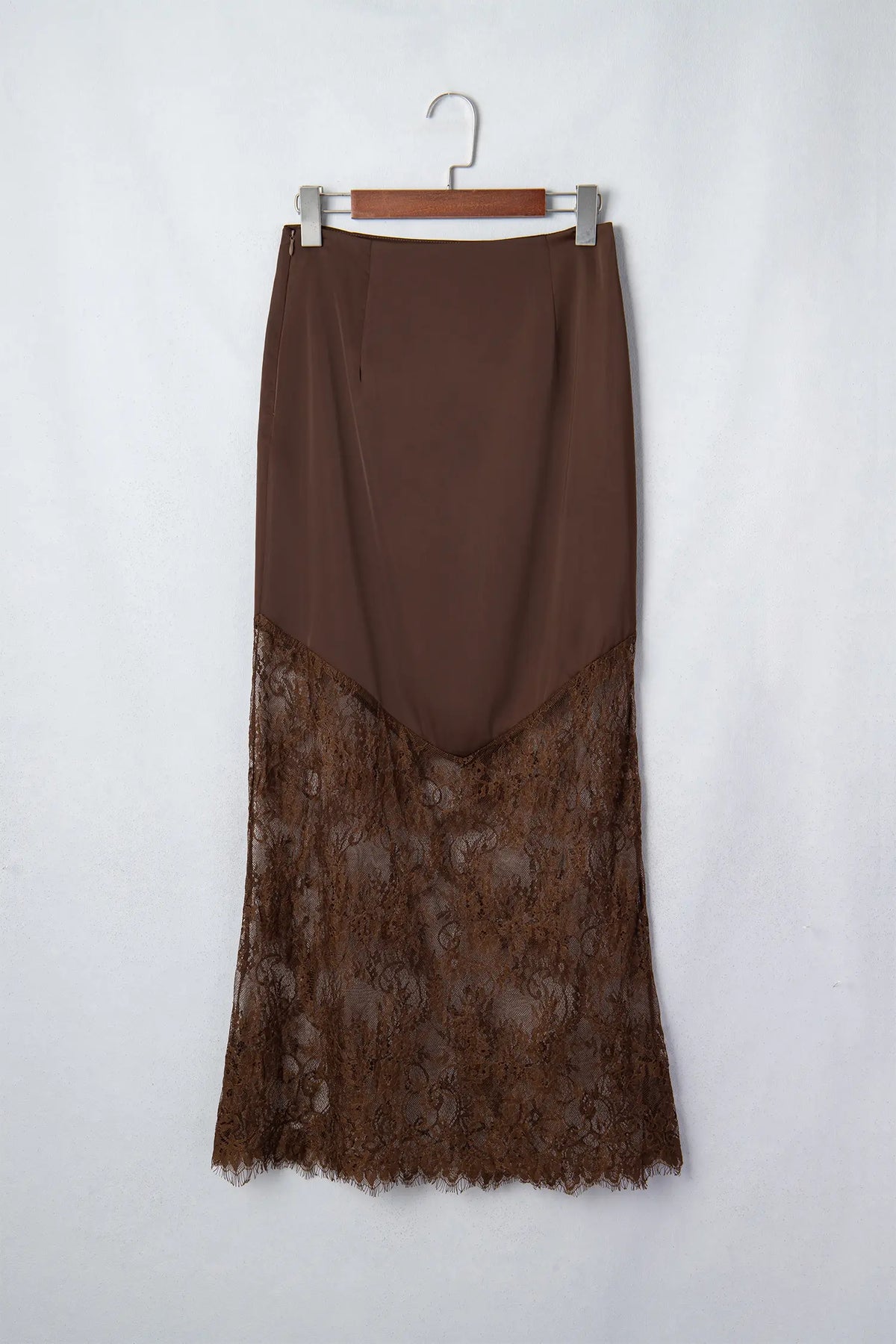 Lace Patchwork Hem Long Casual Shift Skirt – Dark Brown