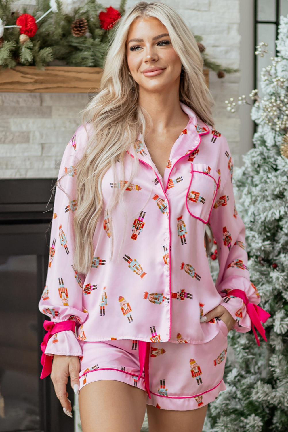 Nutcracker Print Contrast Trim Tied up Bow Silky 2pcs Pajama Set - eAura