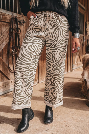 Western Print Zebra Pattern Elastic Waist Pocket Full-Length Pants – Multicolour