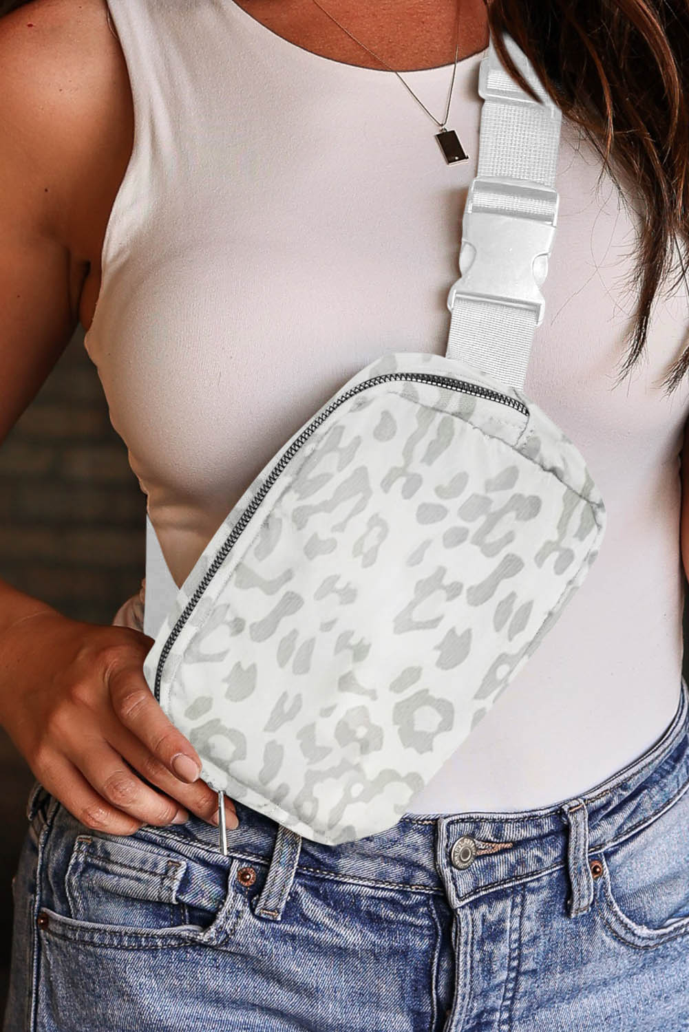 White Leopard Print Buckle Canvas Chest Bag 20*5*14cm BB Fashion Outlet
