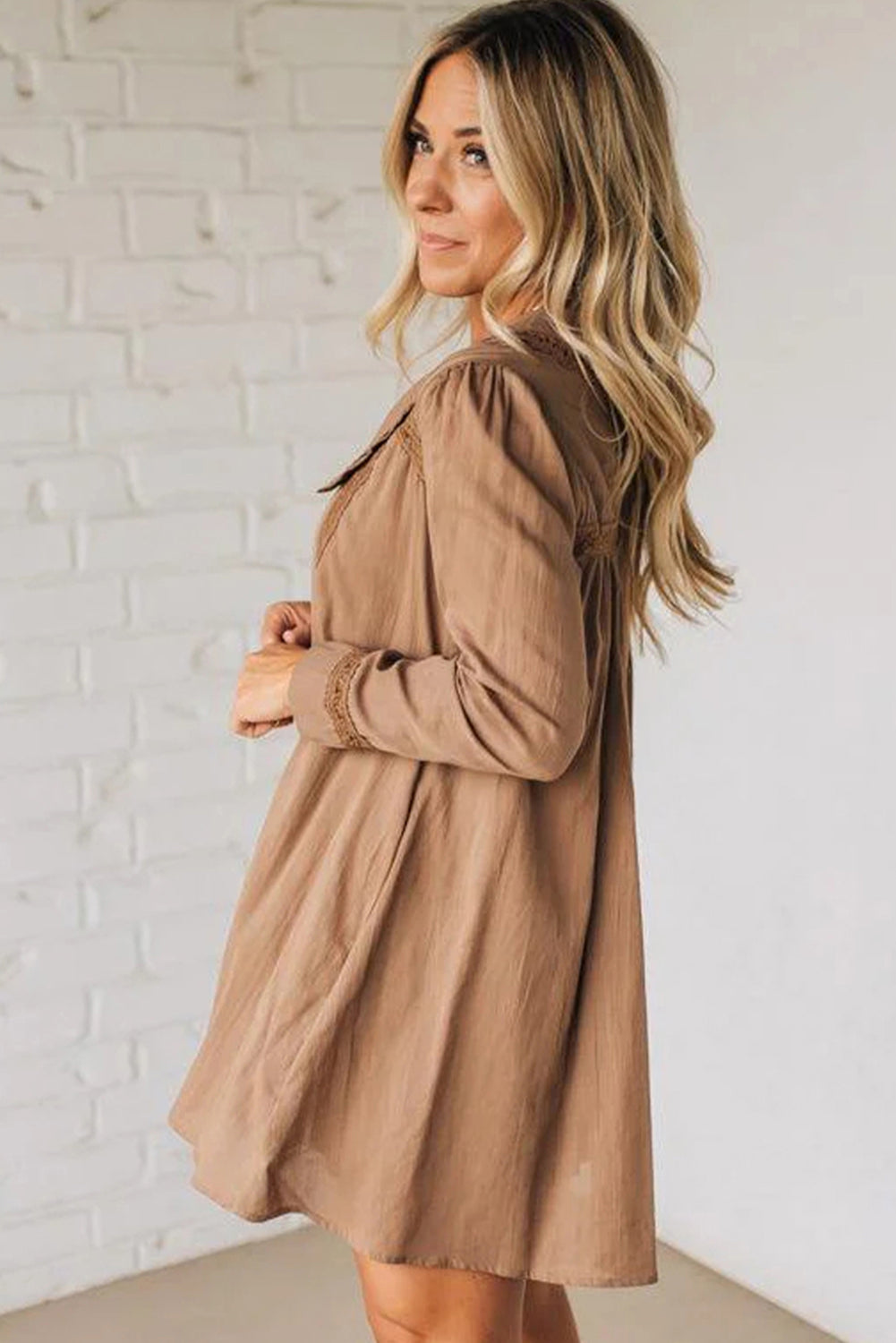Lace Trim Peter Pan Collar Long Sleeve Mini Shirt Dress - eAura