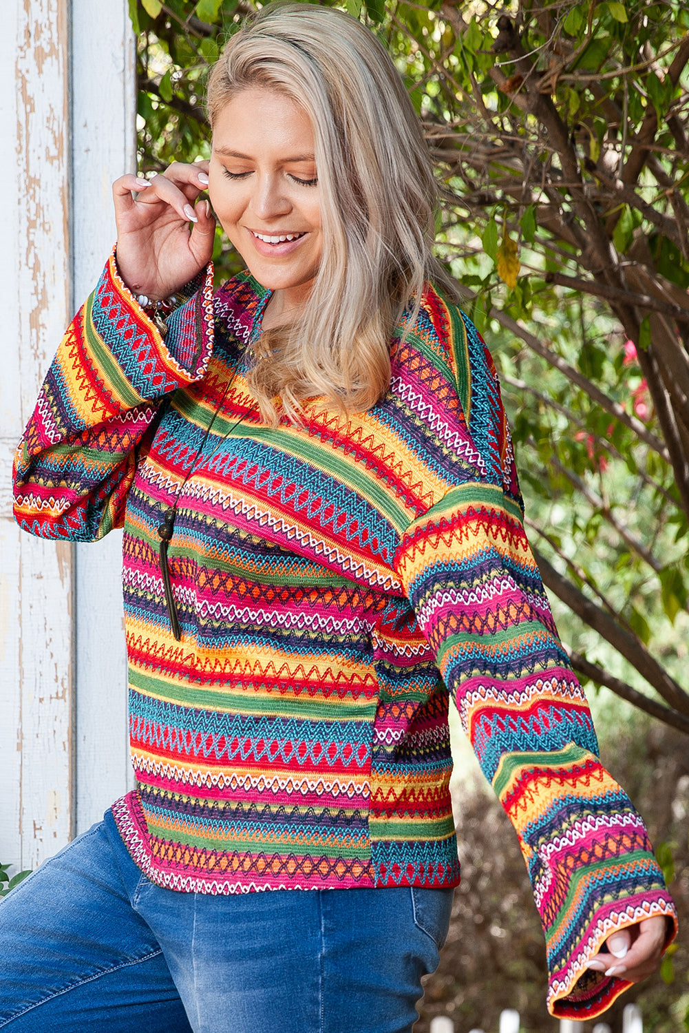 Red Ethnic Striped Print Long Sleeve Plus Size Top BB Fashion Outlet