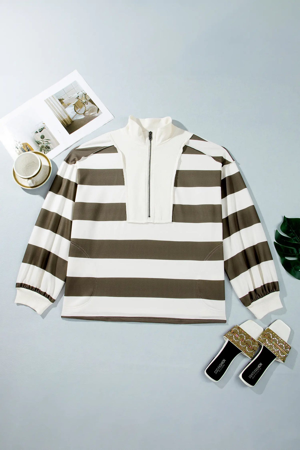 Plus Size Half Zipped Casual Sweatshirt – Green Stripe