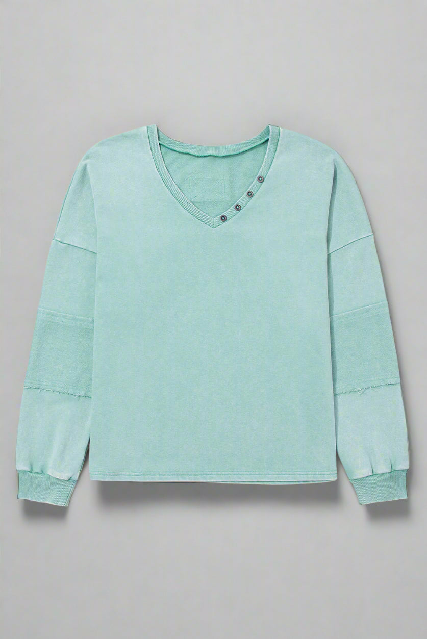 Mineral Wash Exposed Seam Buttoned V-Neck Pullover Top Dear-Lover Dropshipping