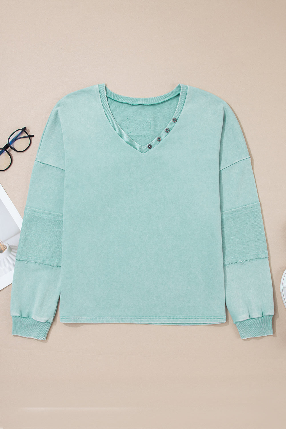 Mineral Wash Exposed Seam Buttoned V-Neck Pullover Top Dear-Lover Dropshipping