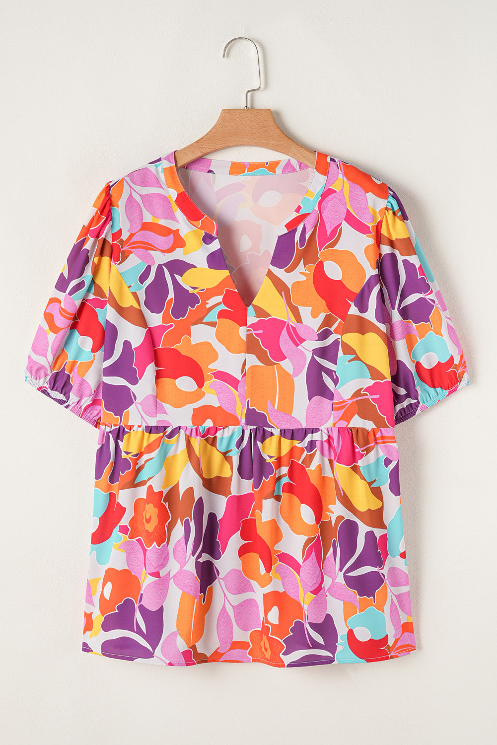 Pink Plus Size Floral Print V Neck Fit and Flare Blouse BB Fashion Outlet