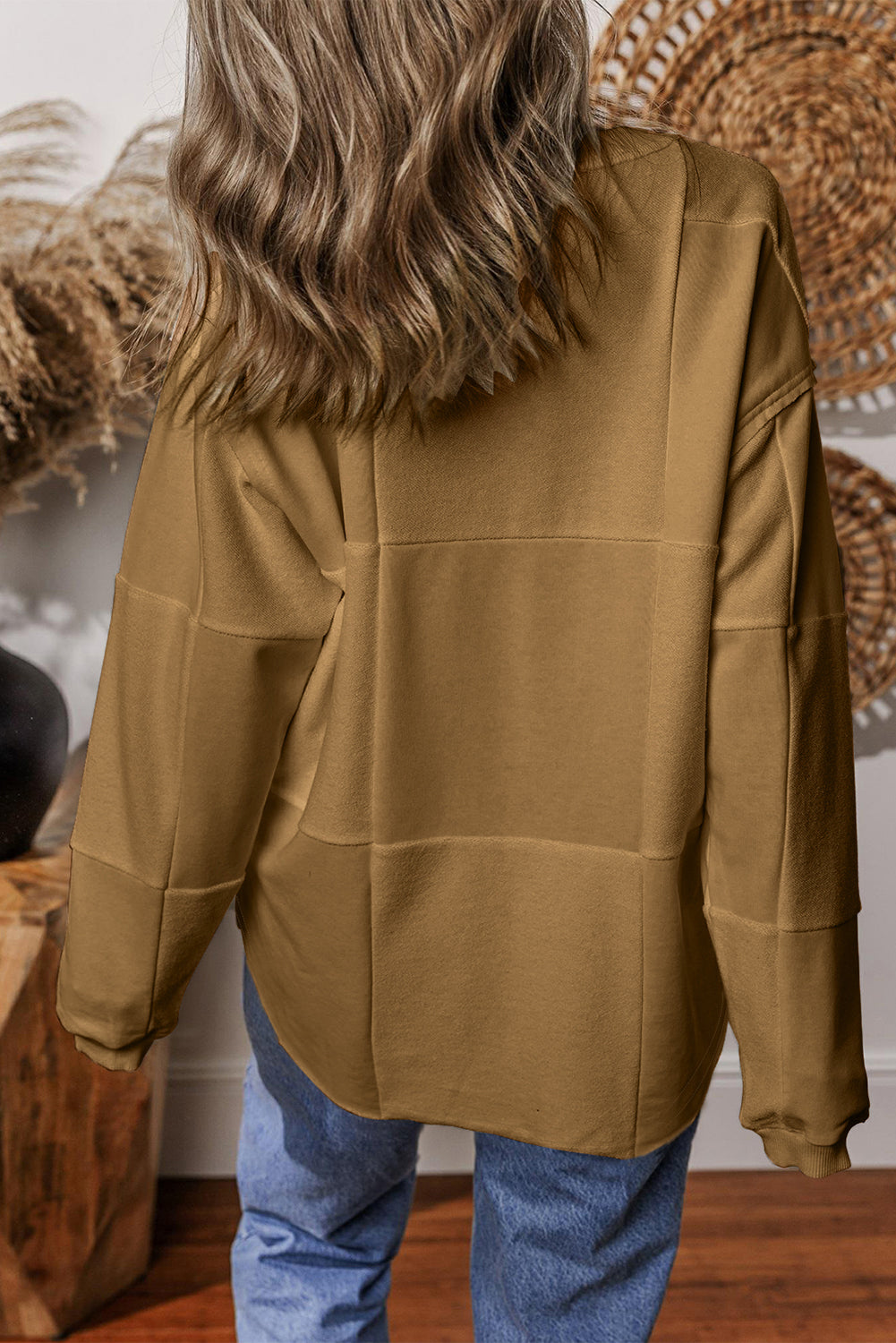 White Solid Colour Patchwork Drop Shoulder Baggy Sweatshirt eAura
