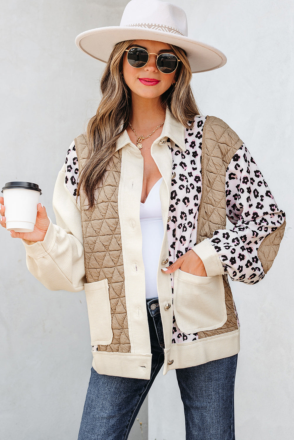 Khaki Leopard Waffle Quilted Patchwork Button Front Jacket eAura