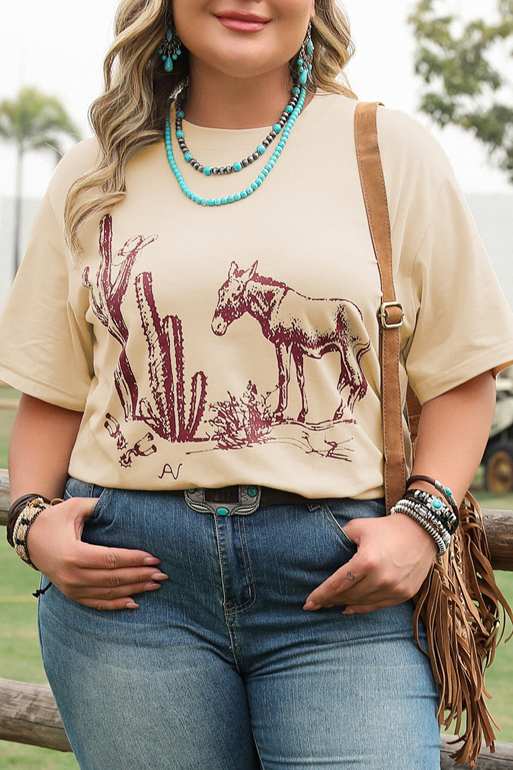 Parchment Western Burro Cactus Crew Neck Graphic Tee BB Fashion Outlet