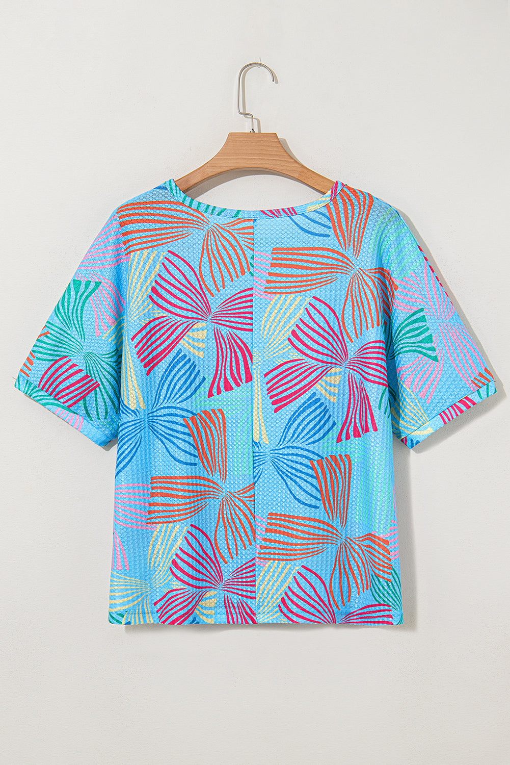 Bowknot Print Waffle Crewneck Loose Short Sleeve Top eAura