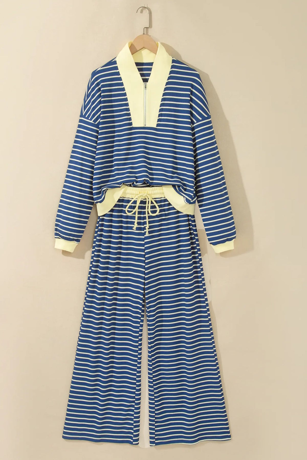 Colour Block Patchwork Zip V Neck Pullover Loose Pants 2pcs Set – Blue Stripe