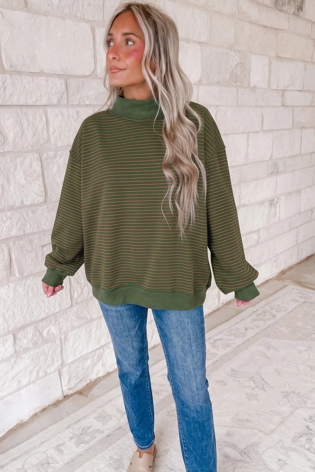 Ribbed Colour Block Mock Neck Oversized Sweatshirt