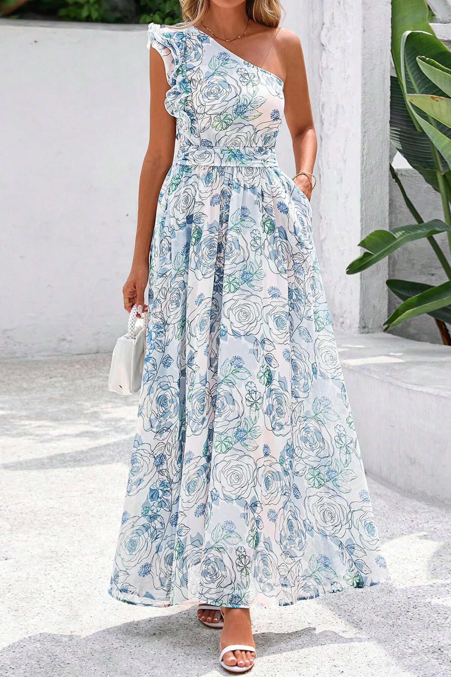Sky Blue Floral Print Ruffled One Shoulder Maxi Dress