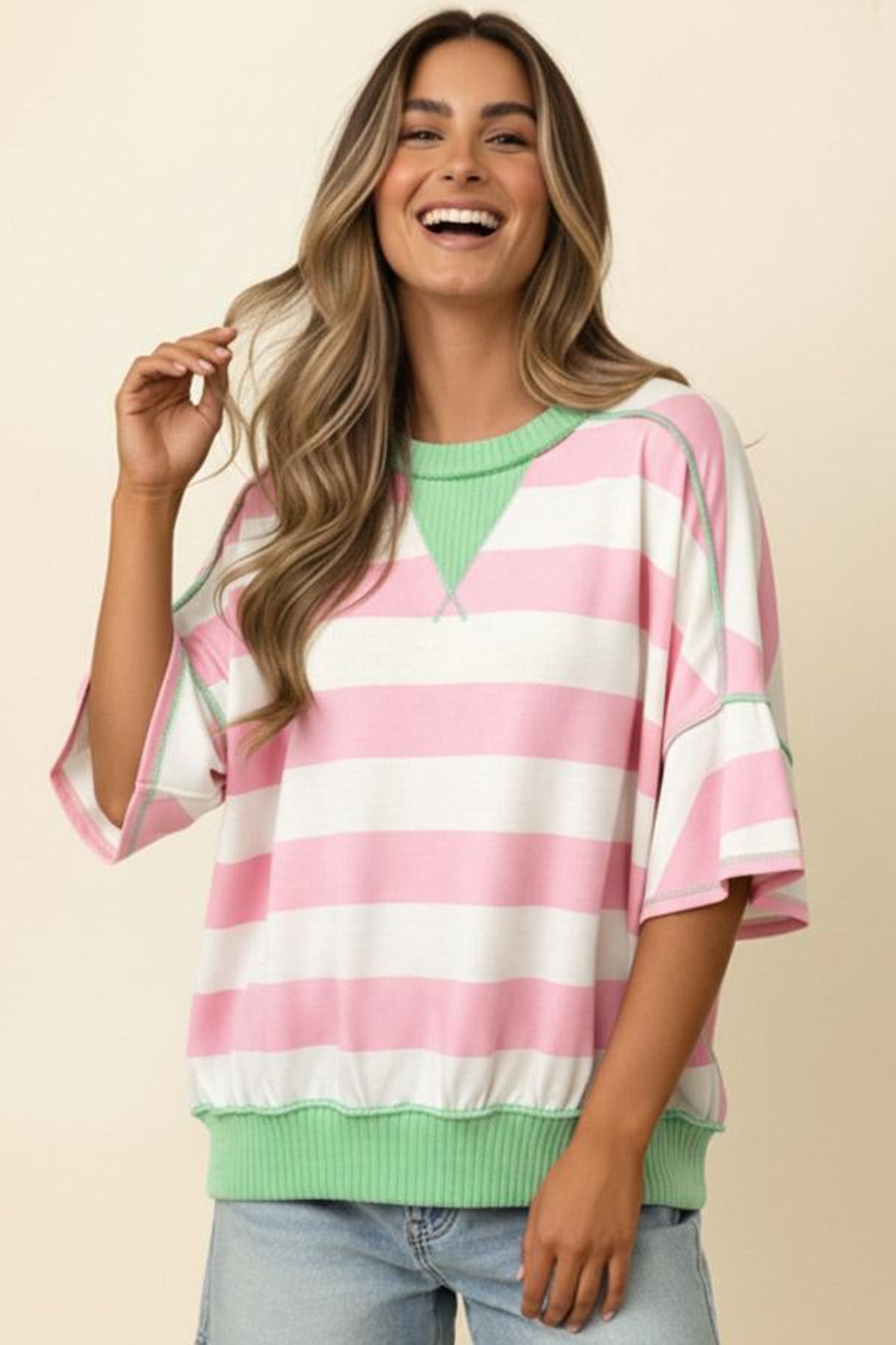 Green Stripe Exposed Seam Ribbed Patchwork Oversized Tee – Pink Stripe