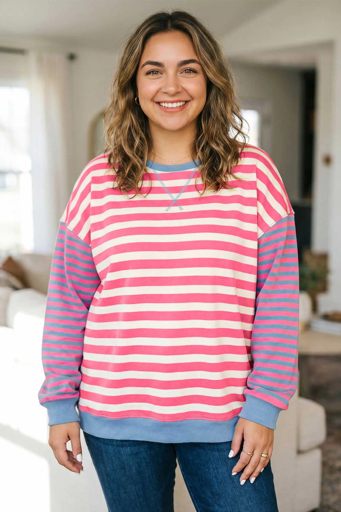 Colourblock Striped Crewneck Long Sleeve Shift Tunic Plus Size Sweatshirt