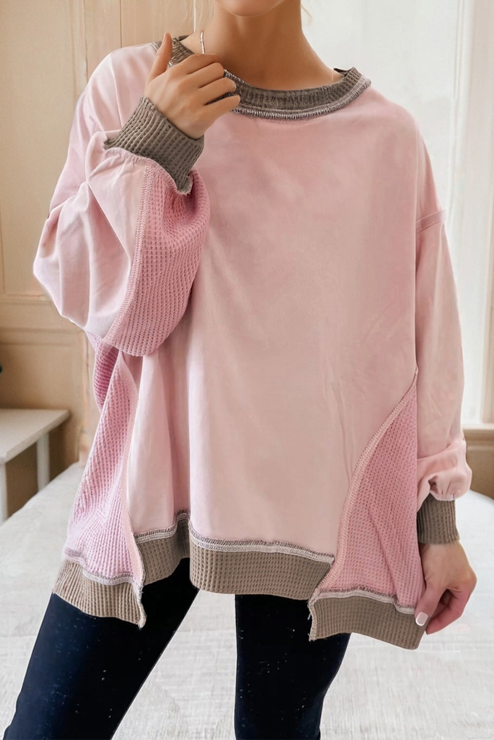 Mix Texture Waffle Patchwork Oversize Sweatshirt - eAura