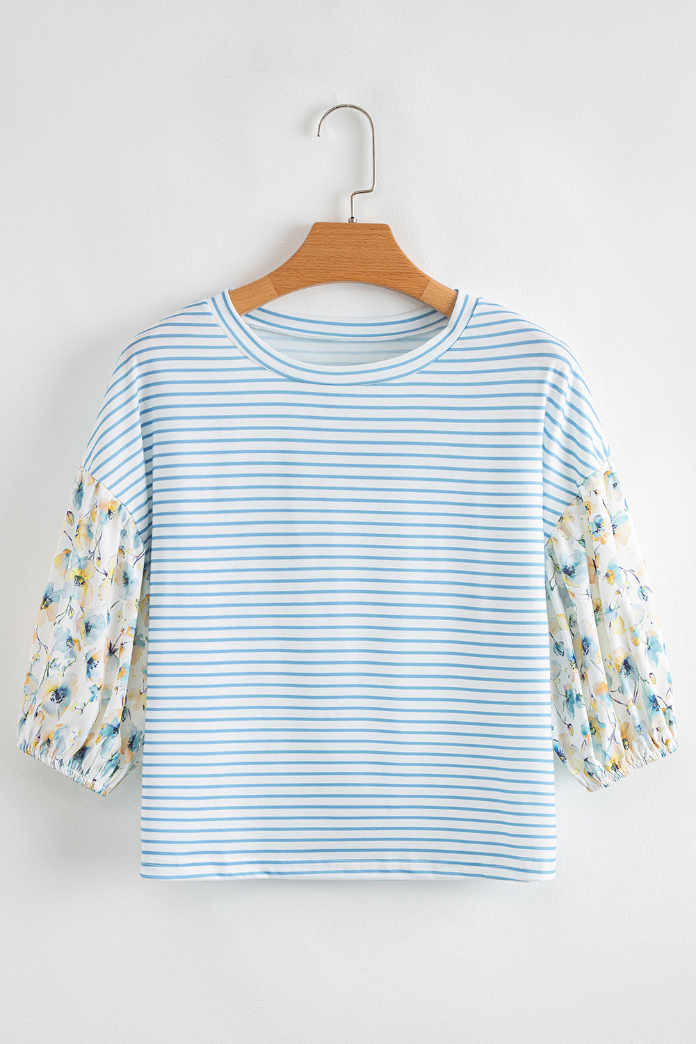 Sky Blue Stripe 3/4 Floral Puff Sleeve Patchwork Drop Shoulder Top eAura