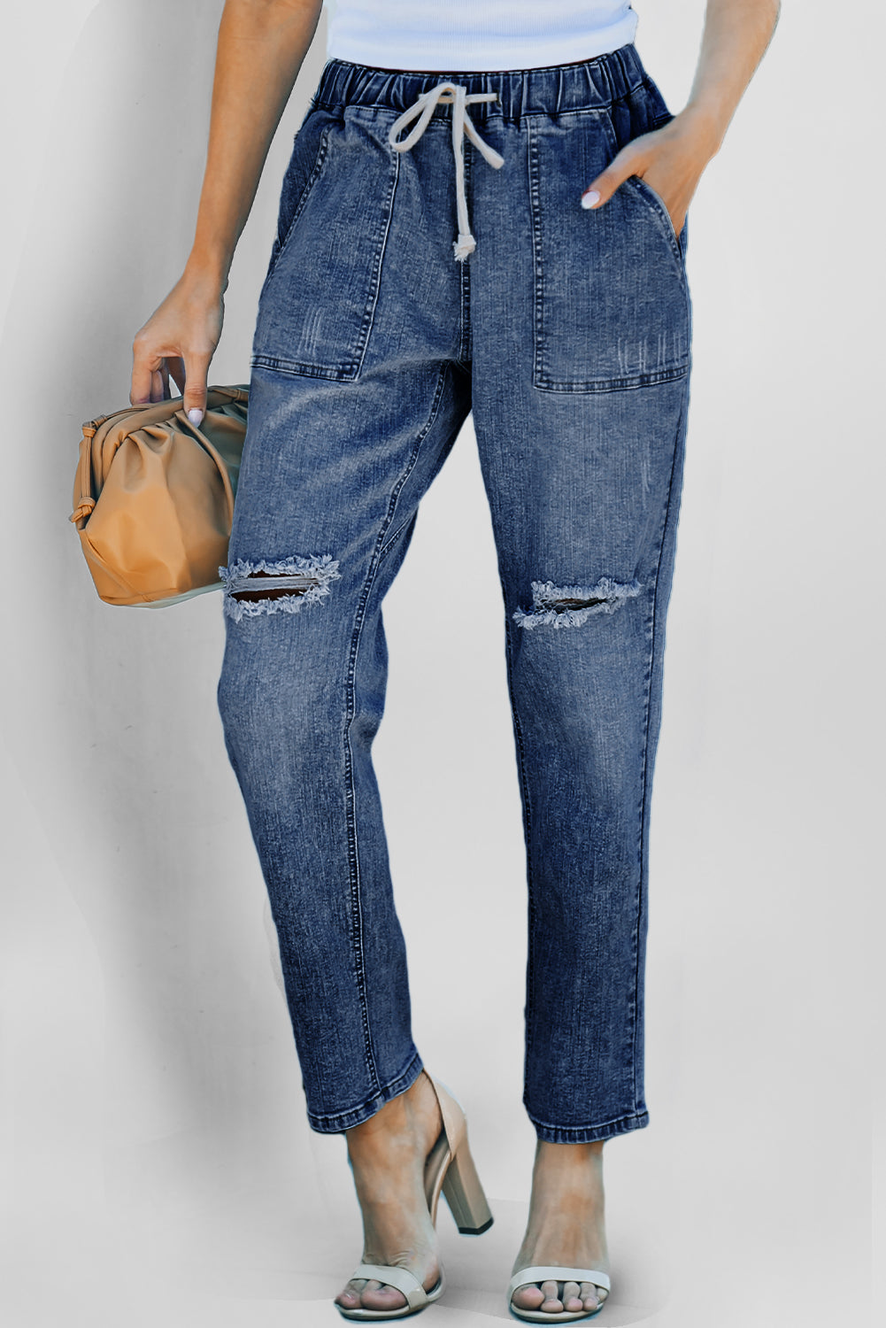 Distressed Pocketed Denim Jogger – Blue
