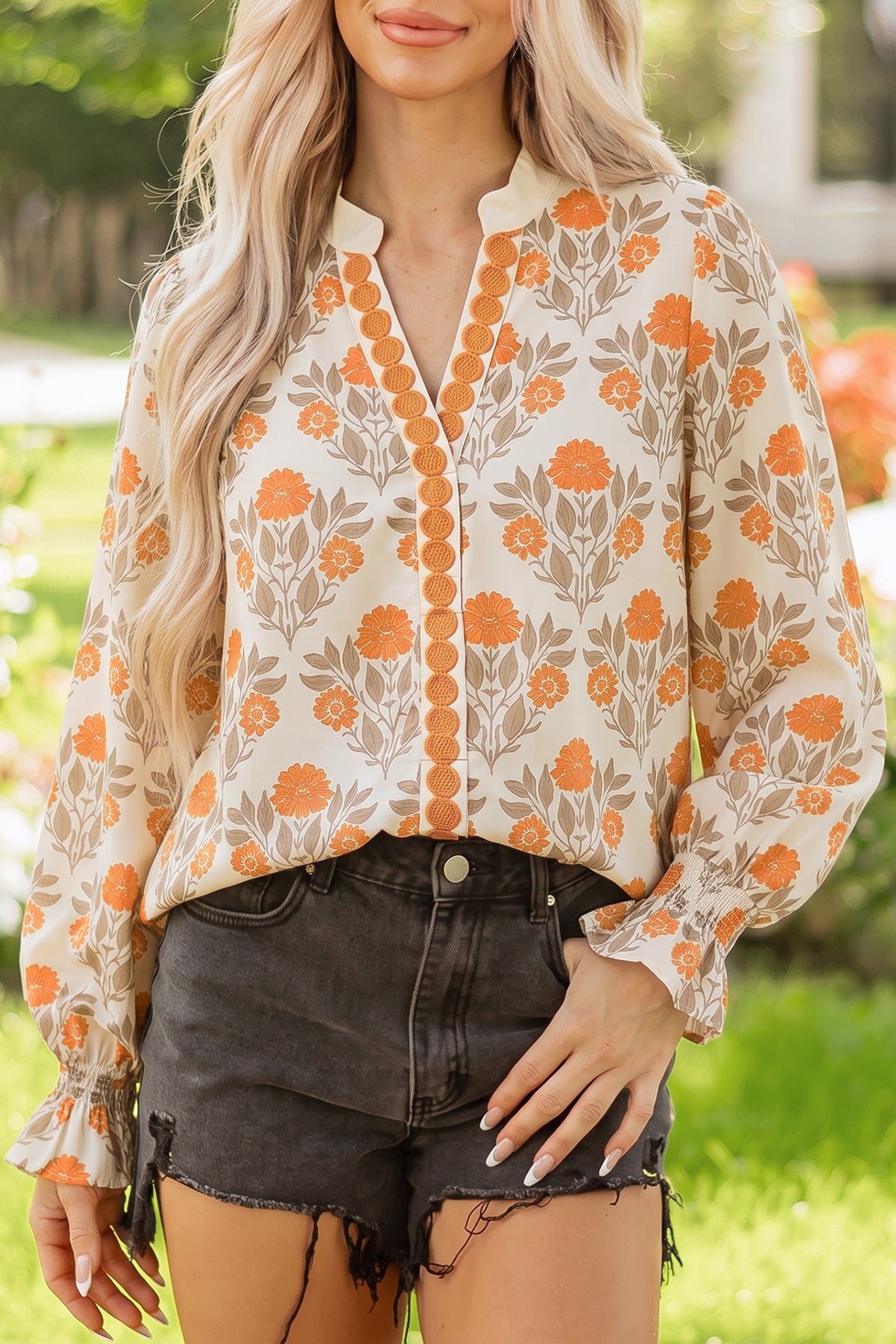 Floral Print Contrast Detail V Neck Long Sleeve Blouse – Orange