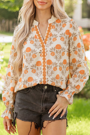 Floral Print Contrast Detail V Neck Long Sleeve Blouse – Orange