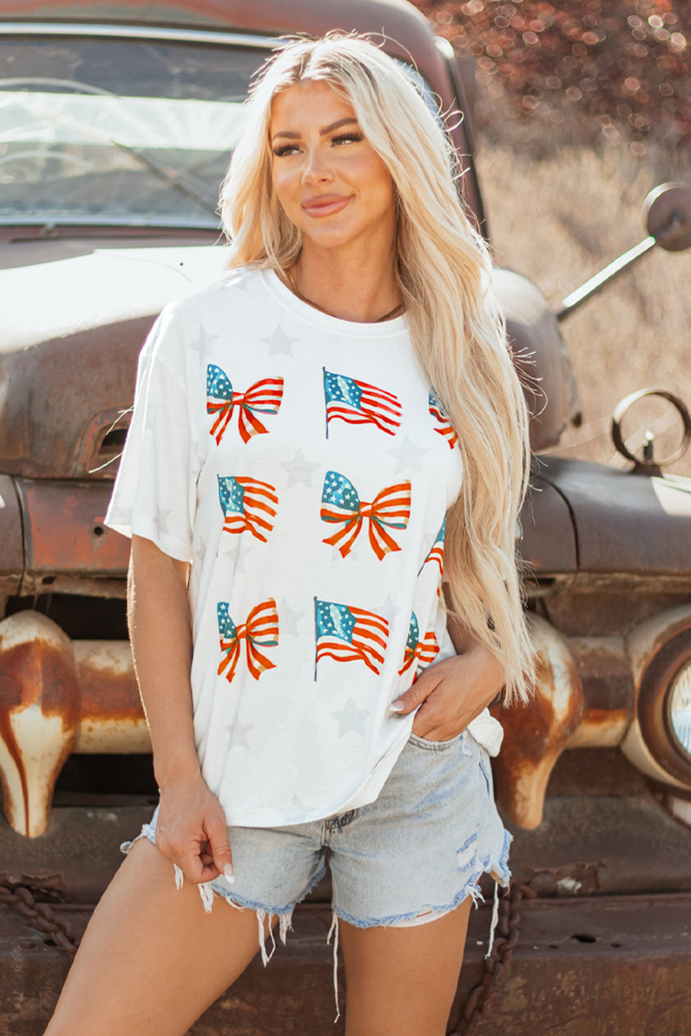 Khaki Patriotic Flag Bow Graphic Starry Round Neck T Shirt - eAura