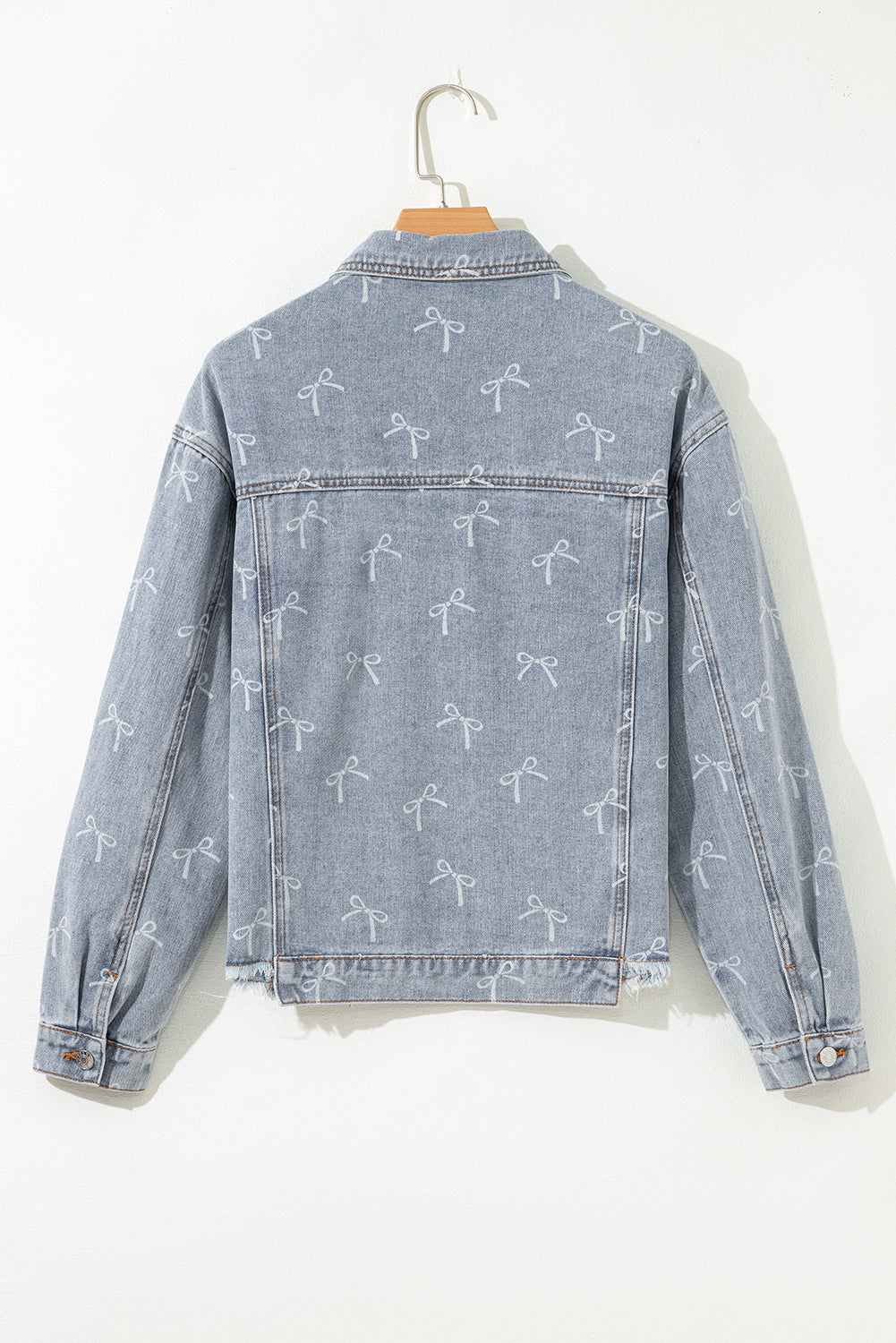 Sky Blue Bow Knot Print Light Wash Raw Hem Denim Jacket Dear-Lover Dropshipping